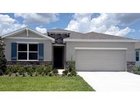 Charming single-story home with stone accents, blue shutters, a two car garage, and a well-manicured lawn at 3148 Canopy Oak Blvd, Wildwood, FL 34785