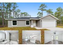Inviting exterior of a single-story home with a gray facade, attached garage, and well-maintained lawn at 24780 Nw Hillsdale Ave, Dunnellon, FL 34431