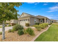 Tan one-story house with landscaping and a two-car garage at 9870 Sw 99Th Loop, Ocala, FL 34481