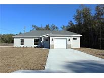 One-story house with gray siding, white garage door, and a stone accent at 13441 Sw 113Th Pl, Dunnellon, FL 34432