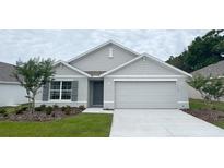 Charming single-story home featuring a gray color scheme, two-car garage, and a well-manicured lawn at 11152 Se 68Th Ct, Belleview, FL 34420