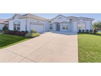 Single-story home with light gray exterior, landscaping, and a long driveway at 10922 Se 168Th Loop, Summerfield, FL 34491