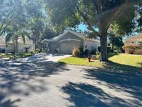 Gray house with a paved driveway, landscaping, and a two-car garage at 13300 Se 97Th Terrace Rd, Summerfield, FL 34491