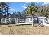 Gray house with solar panels, palm tree, and grassy yard at 19173 St Benedict Dr, Dunnellon, FL 34432