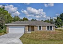 Newly constructed single-story home with a two-car garage and a neatly landscaped yard at 20 Fisher Trail Pass, Ocklawaha, FL 32179