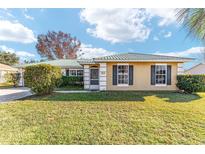 Tan house with green roof, landscaping, and a large yard at 73 Bahia Trace Crse, Ocala, FL 34472