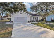 Tan one story house with screened garage and small front yard at 1904 Tweed Ct, Leesburg, FL 34788