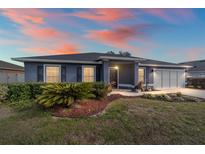 Single-story home with gray exterior, landscaping, and three-car garage at 6695 Sw 64Th Ter, Ocala, FL 34476