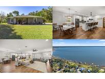 Four-panel image showcasing home, kitchen, living room and lake views at 12750 Se 119Th Ct, Ocklawaha, FL 32179