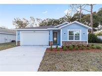 Newly built home with light blue exterior, white garage door, and stone accents at 13824 Se 42Nd Ave, Summerfield, FL 34491