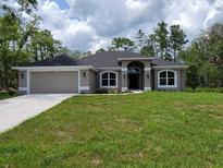 Charming single-story home featuring a well-manicured lawn and a two-car garage at 6915 Sw 152Nd St, Ocala, FL 34473