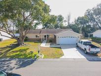 Single-story house with a large tree, attached garage, and driveway at 10602 Se 179Th Ln, Summerfield, FL 34491