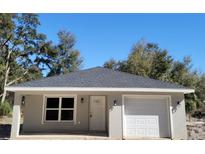 Newly constructed home with gray exterior, white garage door, and landscaping at 14259 Se 33Rd Ter, Summerfield, FL 34491