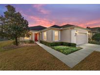 Charming single-story home featuring a well-maintained lawn, landscaped bushes, and a red front door at 9858 Sw 75Th Street Rd, Ocala, FL 34481