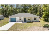 Charming single-story home with blue garage door and well-manicured front lawn surrounded by lush trees at 15304 Sw 27 Ln, Ocala, FL 34481