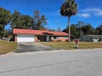 Brick ranch house with red metal roof, driveway, and a palm tree in the front yard at 2937 Ne 7Th Pl, Ocala, FL 34470