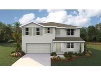 Charming two-story home with gray exterior, shutters, and well-manicured lawn at 8519 Las Palmas Way, Wildwood, FL 34785