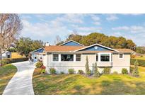 Charming single-story home featuring a manicured lawn, blue trim, and a welcoming front entrance at 11619 Lane Park Rd, Tavares, FL 32778