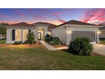 Charming single-story home featuring a well-maintained lawn, mature landscaping, and a two-car garage under a beautiful sunset sky at 13187 Se 93Rd Terrace Rd, Summerfield, FL 34491