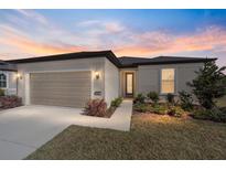 Charming single-story home featuring a two-car garage and a beautifully landscaped front yard at sunset at 9184 Sw 57Th Place Rd, Ocala, FL 34481