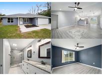 Real estate listing collage featuring the home's front exterior, living room, bathroom, and a bedroom at 3705 Se 137Th Ln, Summerfield, FL 34491