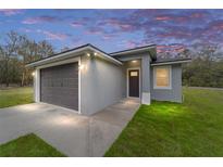 Charming single-story home featuring a gray exterior, gray garage door, and well-maintained lawn at 47 Sequoia Loop, Ocklawaha, FL 32179