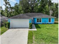 Charming single story home features a two car garage and verdant lawn with well-maintained landscaping at 6950 Se 124Th Ln, Belleview, FL 34420
