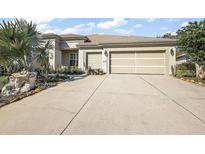 Beige two-car garage home with a well maintained lawn, landscaping, and concrete driveway at 13424 Se 89Th Terrace Rd, Summerfield, FL 34491