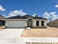 New single-Gathering home featuring a two-car garage, neutral paint scheme, and a well-manicured lawn at 4381 Sw 90Th Pl, Ocala, FL 34476