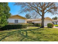 Well-maintained home exterior with lush lawn and landscaping, complemented by a sunny, clear sky at 9305 Bahia Track Way, Ocala, FL 34472