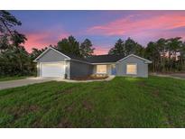 Charming gray single-Gathering home featuring a blue front door, a two-car garage, and a well-maintained lawn at sunset at 114 Bay Dr, Ocklawaha, FL 32179