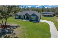 Stunning single-story home with gray siding, a concrete driveway, and lush green lawn at 11707 Se 101St Court Rd, Belleview, FL 34420
