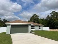 Charming single-story home with a two-car garage, green lawn, and a combination of trees and cloudy blue sky at 2722 Sw 151St Ave, Ocala, FL 34481