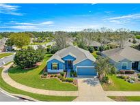 Attractive blue home with a well-maintained lawn, landscaping, and inviting entryway at 9230 Sw 66Th Loop, Ocala, FL 34481