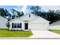 Charming single-story home featuring a manicured lawn, a two-car garage, and a classic exterior design at 10036 Se 161St Lane Rd, Summerfield, FL 34491