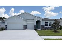Charming single-story home featuring a three-car garage, stone accents, and well-manicured lawn at 3067 Canopy Oak Blvd, Wildwood, FL 34785