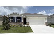 Charming one-story home with stone accents, a manicured lawn, and a two-car garage at 3088 Canopy Oak Blvd, Wildwood, FL 34785