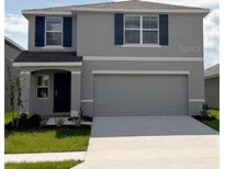 Two-story home featuring a neutral gray exterior, a two-car garage, and dark blue shutters on the windows at 8646 Sw 44Th Ter, Ocala, FL 34476