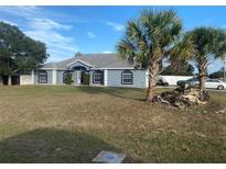 Charming single-story home featuring a large front yard and mature palm trees at 10999 Sw 47Th Ave, Ocala, FL 34476