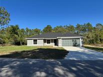 New construction home featuring a two-car garage, gray paint, and a well-manicured lawn at 5799 Sw 207Th Ct, Dunnellon, FL 34431