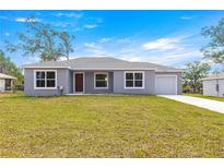 Charming single-story home featuring a well-maintained lawn and a modern gray exterior paint scheme at 87 Guava Pass Dr, Ocklawaha, FL 32179