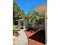 Charming single-story home featuring a well-manicured lawn and tropical landscaping at the front entrance at 1441 Admiral Nimitz Ave, Daytona Beach, FL 32124
