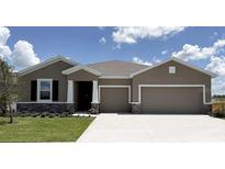 Charming single-story home features a two-car garage, stone accents, and manicured lawn at 3053 Canopy Oak Blvd, Wildwood, FL 34785
