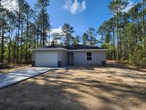 Charming single-story home with a gray exterior, attached garage, and a spacious driveway surrounded by tall trees at 24458 Nw Geranium Ave, Dunnellon, FL 34431