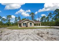 Charming one-story home featuring a covered carport and a well-manicured lawn against a picturesque wooded backdrop at 13491 E Hwy 316, Fort Mc Coy, FL 32134