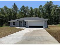Beautiful single-story home featuring a long driveway leading to an attached two car garage and manicured lawn at 19660 Sw 59Th Ln, Dunnellon, FL 34431