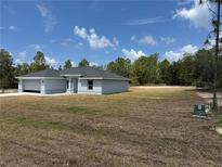 A charming single-story home with a gray exterior, a well-maintained lawn, and a spacious attached garage at 4928 Sw Evergreen Ct, Dunnellon, FL 34431