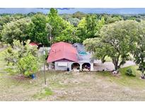 Aerial view of a charming home featuring a red roof, mature trees and a pool at 16850 Se 19Th Ct, Summerfield, FL 34491