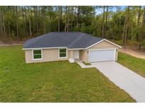 Inviting single-story home featuring a well-maintained lawn, attached garage, and modern architectural design at 23964 Nw Falcon Ave, Dunnellon, FL 34431
