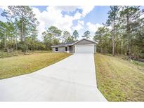 Charming one-story home featuring a long driveway, a two-car garage, and manicured front yard at 24144 Nw Water Oak Ave, Dunnellon, FL 34431